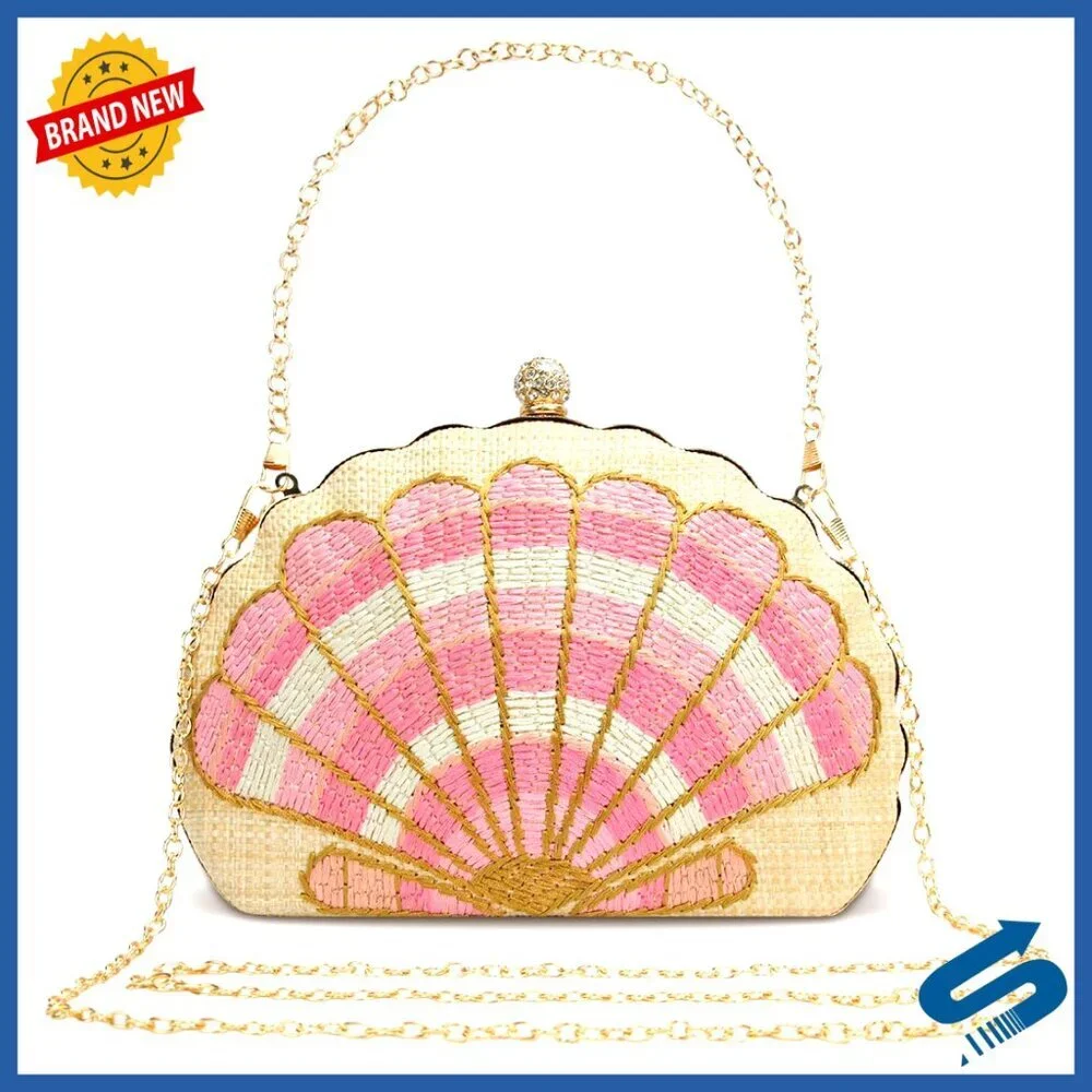 Straw Woven Clutch Purse Embroidered Shell Pattern Handbag Elegant Boho